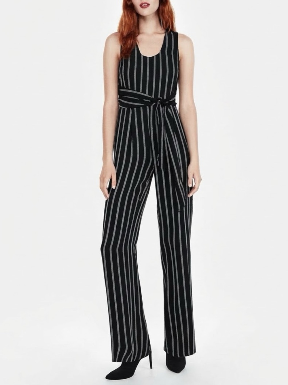 EXPRESS Striped Black with Bow Belt Wide Leg Jumpsuit size 2